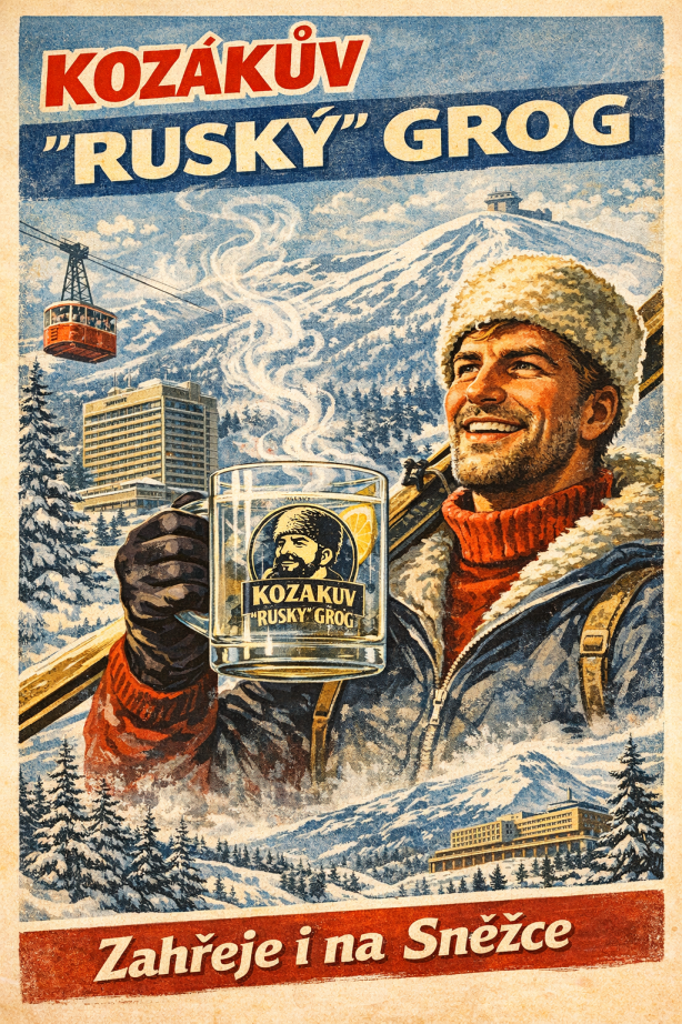 Winter mountain themed illustration for Kozak's "Russian" Grog